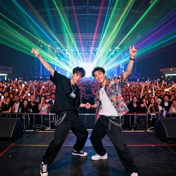 two friends looking at the camera dancing at a concert with a huge crowd and lasers, hyper detailed, vivid colors, artstation, professional photography
