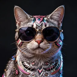 chrome cat with sunglasses, glossy, metallic, neon, symmetrical, tribal patterns, realistic, unreal engine, octane, redshift, artstation, behance