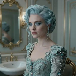 cinestill 5 0 d photography of a dystopian beautiful woma britt marling style by annie liebovitz, take make up on a art deco toilette room in a dystopian house, pale blu tonal matt hair in baroque style, dress are intricate ornamental dress, elegant, highly detailed, soft blur, artstation, sharp focus, head in focus,