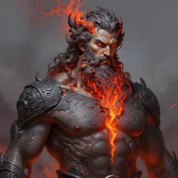 stunning god of volcano portrait, beard made of lava, muscular, fantasy, intricate, elegant, highly detailed, digital painting, artstation, concept art, smooth, sharp focus, illustration, art by krenz cushart and artem demura