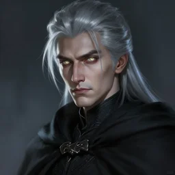 portrait of a man in a black cloak, silver hair, glowing eyes, detailed face, highly detailed, cinematic lighting, digital art painting by greg rutkowski.