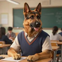 photograph of a male anthropomorphic german shepherd fursona wearing a sweater vest in a school classroom, deep focus, intricate, elegant, highly detailed, digital painting, artstation, concept art, matte, sharp focus, illustration, d & d, fantasy, hearthstone, art by artgerm and greg rutkowski and alphonse mucha