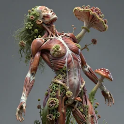 a beautiful detailed photo of a rotten woman corpse slash in a half morphing into fractal plants and fractal flowers and mushrooms, muscles, veins, anatomical, intricate, ornate, volumetric light, beautiful lit, romero ressendi