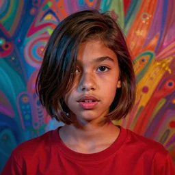 colorful and festive captivating teenager with straight short brown hair covering his eye, dark skin, big lips, big eyes, wearing a red t - shirt. rich vivid colors, ambient lighting, dynamic lighting, 4 k, atmospheric lighting, painted, intricate, highly detailed by charlie bowater