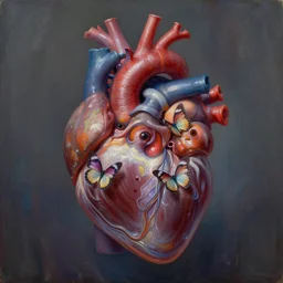 “whimsical imaginal cephalopods emerging like butterflys from a cocoon that looks like a photorealitic anatomical visceral human heart, in the surreal style of an oil painting by johfra bosschart”