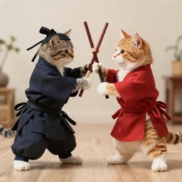 cats fighting like samurai