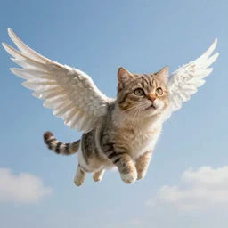 cat with wings flying through the sky, 4k realistic photo