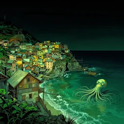 landscape view on an old fishing village at night, a tentacled creature emerging from the ocean on the right, night colors, high - key lighting, beautiful composition, intricate, gradient from green to black, pro photography by, highly detailed, digital painting, art by artgerm and greg rutkowski and alphonse mucha, smooth, sharp focus illustration