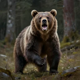fantasy painting of wild bear charging towards viewer, paw raised, roaring, open mouth, teeth, dark forest in background, painted by greg rutkowski and andreas rocha