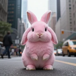 a fluffy pink rabbit sitting in the middle of a busy street with skyscrapers, low angle camera, cinematic, very detailed, 8 k, depth of field