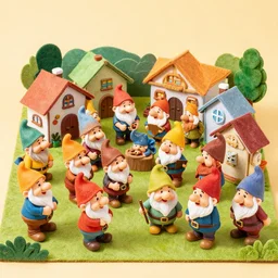 felt diorama of happy gnome villagers in a village, vibrant, colorful, cute, primary color palette