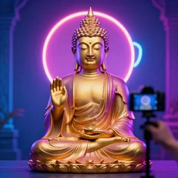 buddah like a youtube reviewer, neon background
