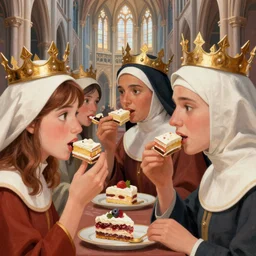 closeup profile portrait of medieval nuns wearing crowns eating cakes in the cathedral, nicoletta ceccoli, mark ryden, lostfish, max fleischer, hyper realistic, artstation, illustration, digital paint, matte paint, vivid colors, bright, cheerful, detailed and intricate gothic environment
