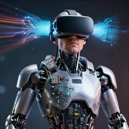 a beautiful photo of a middle - aged bionic male cyborg, cyberpunk, circuit boards, electronic components, integrated vr headset, augmented vision, volumetric light, photography, dynamic lighting, color, intricate, extremely detailed, photorealistic, stunning, unreal engine 5