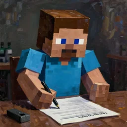 oil portrait of minecraft steve learning how to file his taxes returns, somber, dim lighting, thick stroke