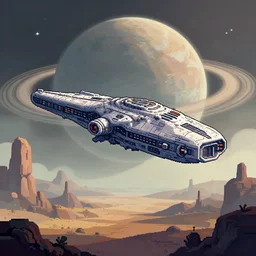 pixel art of huge space ship flying over on an alien planet, sci - fi, huge planet with rings in the background, strange rock formations, rolling hills, atmospheric, misty, artstation, deviantart