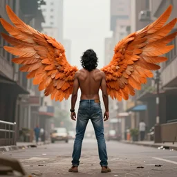 male angel avan jogia with large wings. View from the back. Orange feathers, jeans, brown skin, long black hair. Distant full body shot. detailed urban fantasy digital art, trending on artstation