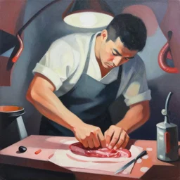 low angle view of a butcher working,, asymmetrical, organic painting, matte painting, bold shapes, hard edges, street art, trending on artstation, by huang guangjian and gil elvgren and sachin teng, from below, worms - eye - view, close - up!!!!! low angle!!!!