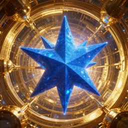 a giant blue star inside a golden artificial megastructure, highly detailed artwork, cgi