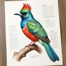 Highly detailed labeled biology poster of a quetzal, Anatomical drawing on poster paper with notes, well-lit, ray tracing, detailed
