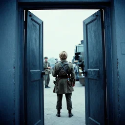 film still, extreme far view, hillary clinton vietnam door gunner, film still from apocalypse now ( 1 9 7 9 ), 2 6 mm, kodak ektachrome, blue tint expired film