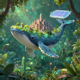 studio ghibli, whale with city on top, jungle, solar, green technology, optimist future by asher durand. intricate artwork by tooth wu and wlop and beeple and dan mumford and greg rutkowski and nekroxiii. halo. octane render, cinematic, hyper realism, octane render, 8 k, depth of field, bokeh. iridescent accents. vibrant