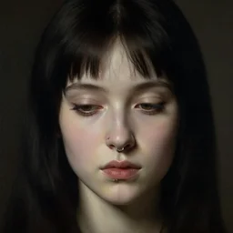 fantasy portrait of a beautiful pale - skinned girl with dark hair and short bangs. the corners of the eyes are turned down. there is a puncture in the nose and a ring is inserted. brown eyes, long eyelashes, plump lips by francisco goya, dark picture