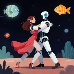 robot dancing salsa with a fish in space