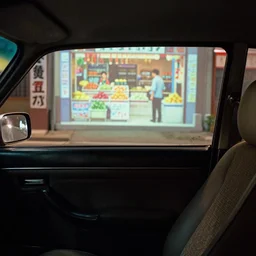 fuji 5 0 r, 3 5 mm ; car ad film still of old car interior with front seat side window view ; in background a projection of beautiful hyperrealistic film still from ronin ( 1 9 9 0 ) fruit stand scene directed by wes anderson with a street in style of 1 9 9 0 s frontiers in miniature porcelain kintsugu design magazine seinen manga edition, real - life seinen manga porcelain sci - fi font izakaya sign, highly detailed, cinematic lighting, 8 k