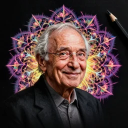 portrait of alan watts with a fractal floral pattern background, neon pencil on black paper