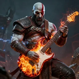 kratos shredding on a flaming stratocaster guitar, cinematic render, god of war 2 0 1 8, santa monica studio official media, lightning, spartan rage, red stripe eye