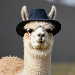professional photography of a llama with a hat, photo session, global light