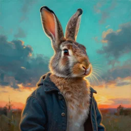 rabbit hybrid  in modern casual clothes , backlight  body , extreme very textured detailed intricate  painting by rembrandt, sunset, dramatic clouds cyan atmosphere