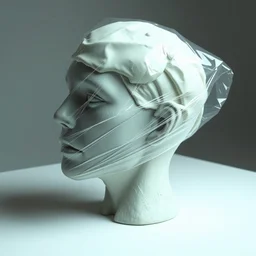 a modern sculpture of a squashed human head with ice cream spread on it wrapped in cling film, modern sculpture, cg render, ray tracing, 8 k resolution, sharp