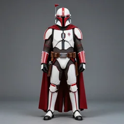 full body portrait of white and red mandalorian armour, red cloak, symmetrical, ultra realistic, empire logo, mandalorian style nikon d 8 5 0. sigma 8 5 mm f 1. 4 dg hsm a. aperture f / 3. 5. shutter speed 1 / 6 0. iso 1 6 0 0