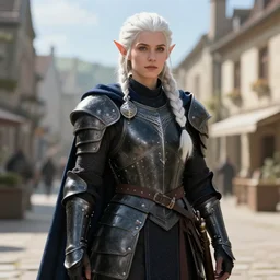 half - body, beautiful male drow, loose white braid, super detailed, light black armor with silver accenting, dark blue cape, 8 k, filmic, octane render, sunlight, town center background, artstation, greg rutkowski, rossdraws, william bouguereau, sharp focus