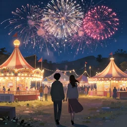 two people find love at the witchlight carnival travelling temporary small amusement park, fireworks romantic, night time, high octane filter, 8 k, highly detailed, digital painting, concept art, matte, art by ruan jia and wlop and greg rutkowski and makoto shinkai, masterpiece
