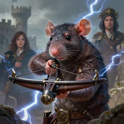 anthropomorphic archer rat using a crossbow in a castle, art by artgerm and greg rutkowski and magali villeneuve, d & d, fantasy, lightning, electricity, portrait, highly detailed, headshot, digital painting, trending on artstation, concept art, sharp focus, illustration