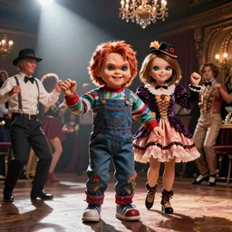 a photo of chucky and his grildfriend with fancy clotes in a high dancing in a class party
