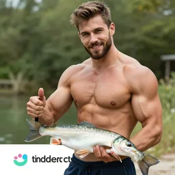 handsome shirtless ridiculously muscular man holding a fish, tinder bio photo