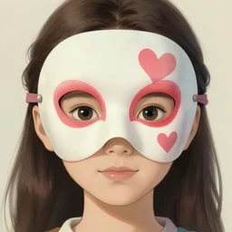 realistic tender sweet portrait of a young cute girl with a nice heart mask, symmetrical eyes, portrait illustration, trending on artstation, characterdesign, sharp focus, illustration, art by ruan jia, ghibli, elena shumilova, leah robinson