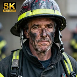 a portrait of a grizzled firefighter with black ash covering his face by steve mccurry, detailed photography, award winning, 8 k, sharp details