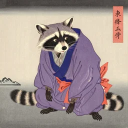 purple samurai raccon in the style ofukiyo-e