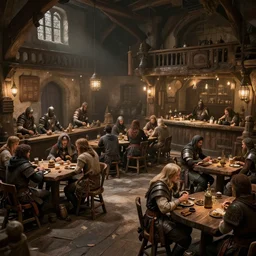 Matte painting of a busy tavern for warriors, volumetric lighting, high details, 4k, photo realistic, sharp details