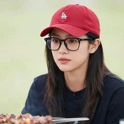 a photograph of a young lucy liu with wayfarer glasses and red baseball cap having a barbecue, by floro dery, shoji kawamori, and greg rutkowski, artstation, concept art, high quality illustration, mtmte, cover art