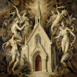 chapel of unspeakable beauties and wonders, by Eugène Delacroix and Francis Bacon and Micheal Whelan, Hieronymus Boch, artistic, intricate drawing, light brazen, realistic fantasy, beautiful faces aesthetic, establishing shot, 8k resolution, dramatic lighting