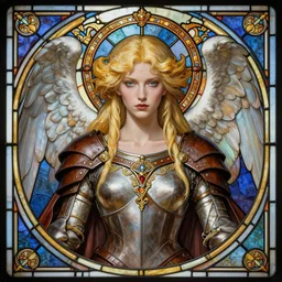 head - on symmetrical centered painted portrait, sephiroth as fallen angel, blonde hair, leather armour, art nouveau, tarot card style, stained glass, fantasy, intricate, elegant, highly detailed, smooth, sharp focus, illustration, artstation, in the style of artgerm and anna podedworna and alex ross and mucha