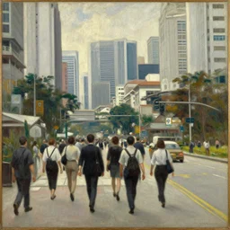 painting of commuters heading to the central business district of singapore, painted by laurence stephen lowry, oil on canvas, national gallery