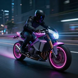 a cyber man driving a futuristic neon motorcycle fast on a urban road in the nighttime, digital art, realistic, detailed, mysterious, dramatic, cinematic - 9