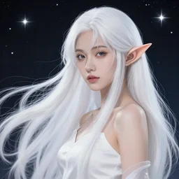 a female space mage with long white hair, elf ears, star guardian inspired, perfect art, trending on pixiv, painted by greg rutkowski makoto shinkai takashi takeuchi, akihiko yoshida